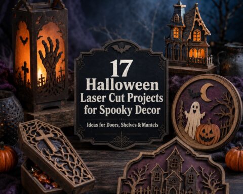 Halloween laser cut spooky decor including lantern with hand and bats, haunted house, ghost with pumpkin, coffin box, and