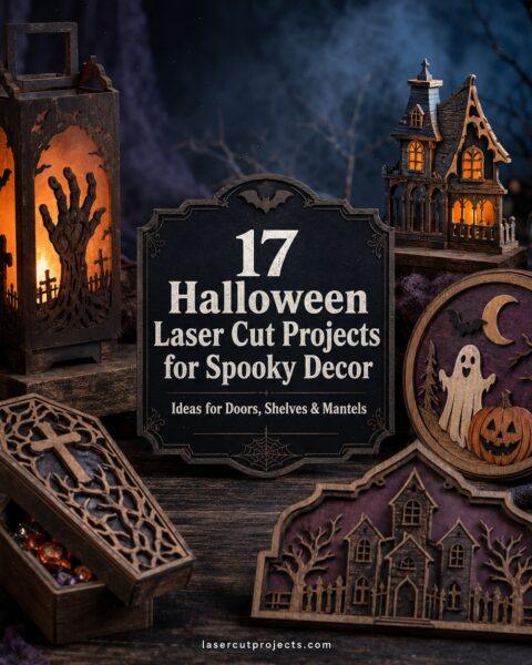 Halloween laser cut spooky decor including lantern with hand and bats, haunted house, ghost with pumpkin, coffin box, and