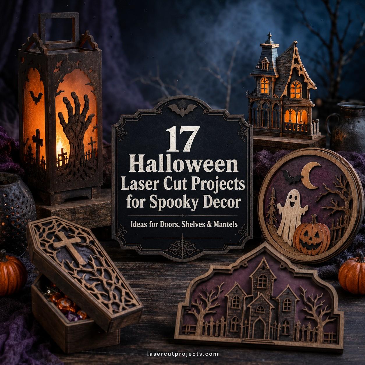 Halloween laser cut spooky decor including lantern with hand and bats, haunted house, ghost with pumpkin, coffin box, and