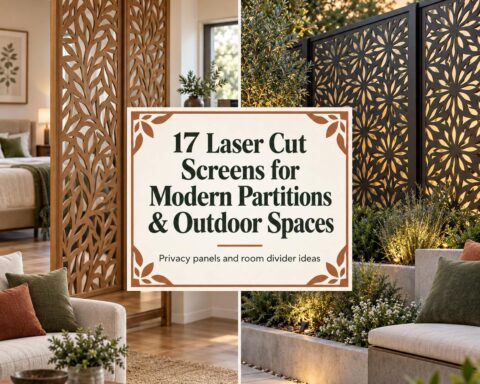 Laser cut screens for partitions with intricate leaf and floral patterns in indoor and outdoor settings