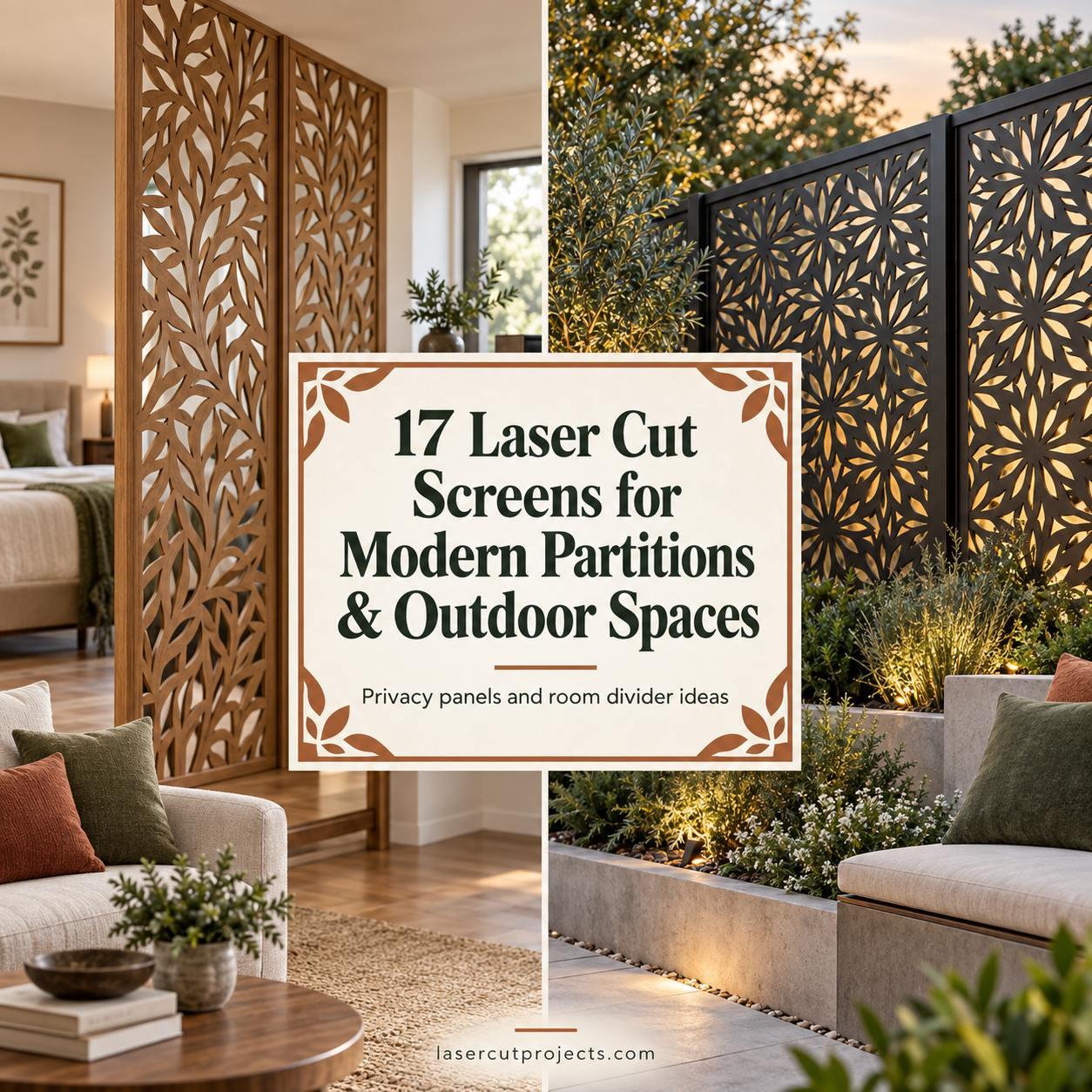 Laser cut screens for partitions with intricate leaf and floral patterns in indoor and outdoor settings