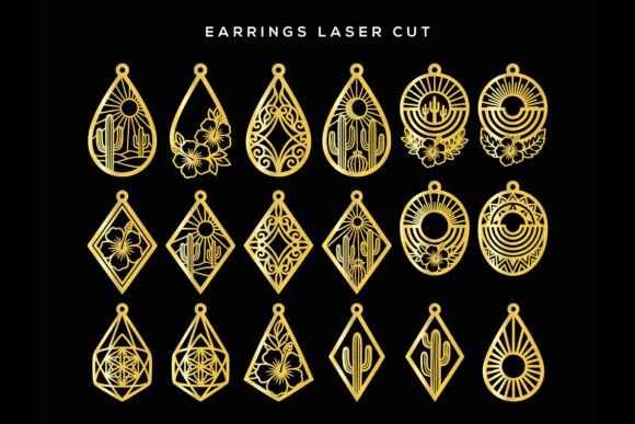 45 Best Laser Cut Acrylic Jewelry Ideas 4 Laser cut acrylic jewelry featuring 18 varied gold earring designs in different shapes and patterns