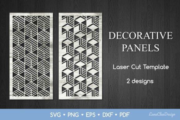 15 Laser Cut Screens for Patios, Gardens and Indoor Privacy 11 Two vertical laser cut privacy screens for patios with abstract geometric patterns in black and white
