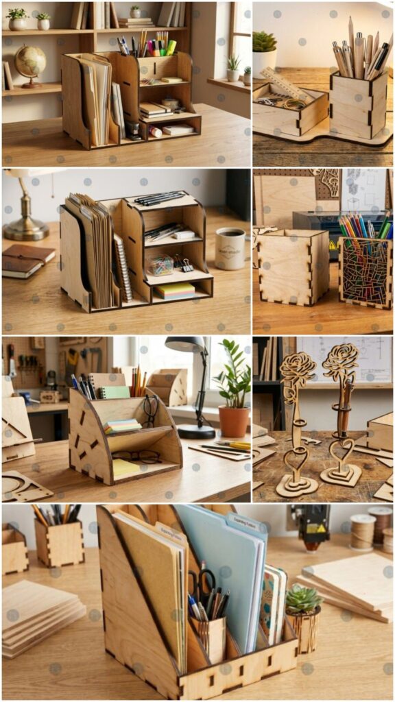 12 Laser Cut Projects for Gifts, Decor and Everyday Use 12 Laser cut projects for gifts including wooden desk organizers and holders with compartments for stationery and small items