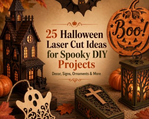 Halloween laser cut ideas featuring wooden ghost, pumpkin sign, haunted house, coffin box, and lantern with autumn leaves