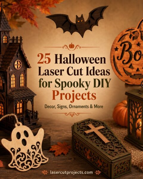 Halloween laser cut ideas featuring wooden ghost, pumpkin sign, haunted house, coffin box, and lantern with autumn leaves