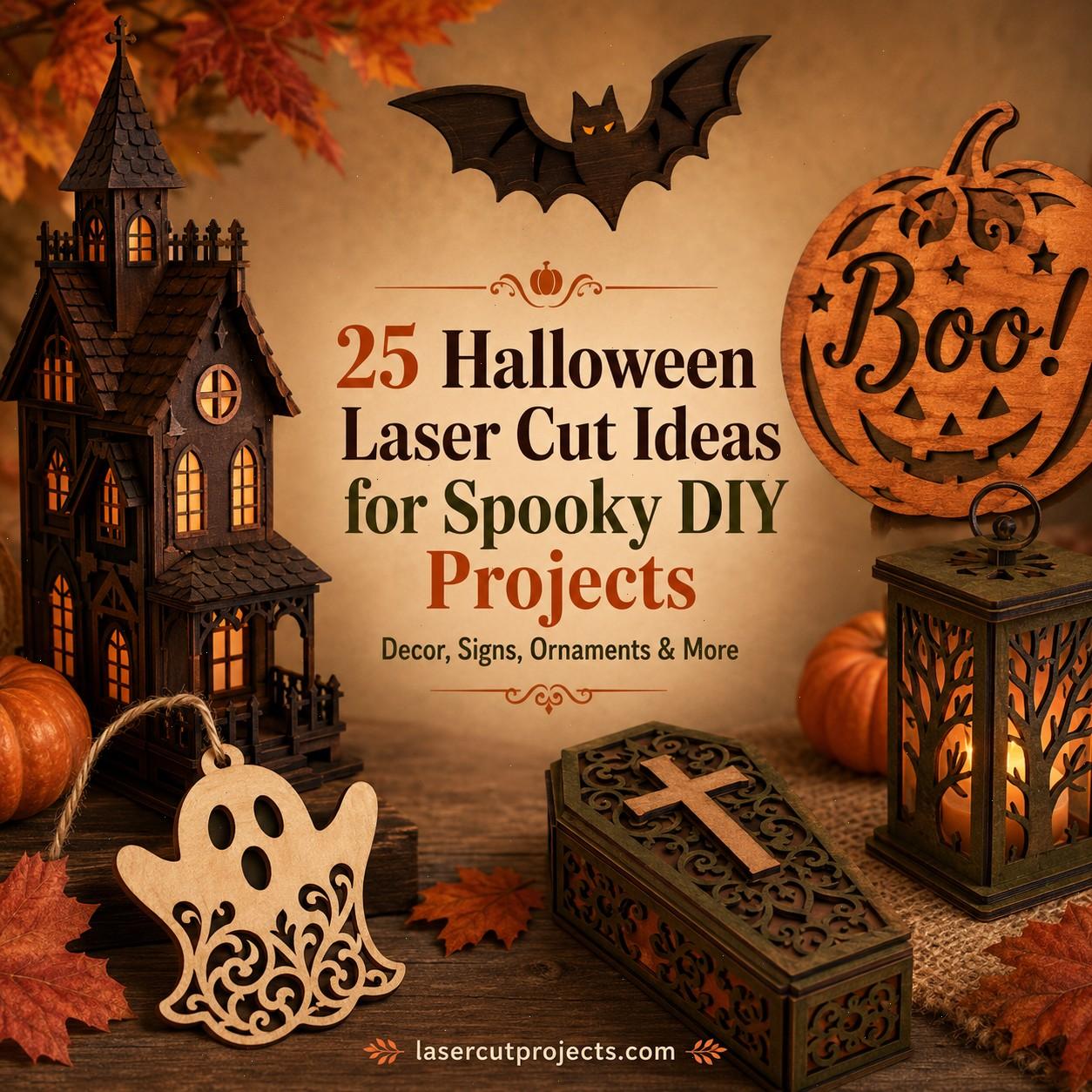 Halloween laser cut ideas featuring wooden ghost, pumpkin sign, haunted house, coffin box, and lantern with autumn leaves