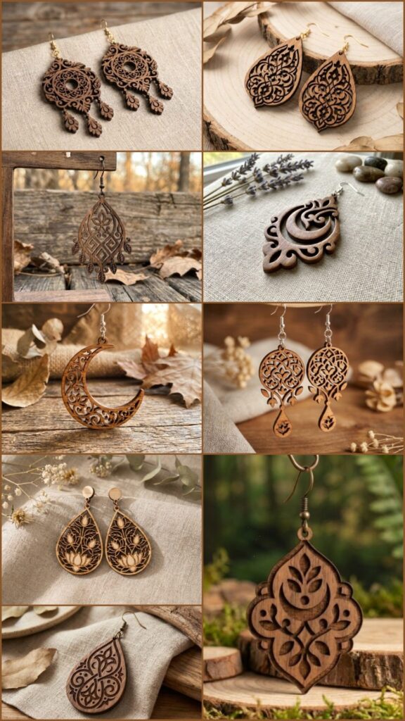 Laser cut wood earrings featuring mandala, floral, boho, and ornamental patterns in a 9-design SVG bundle