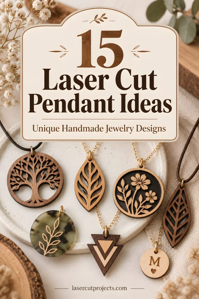 15 Laser Cut Pendant Ideas for Unique Handmade Jewelry 1 Laser cut pendant designs including tree, leaf, floral, geometric, and initial motifs for unique handmade jewelry