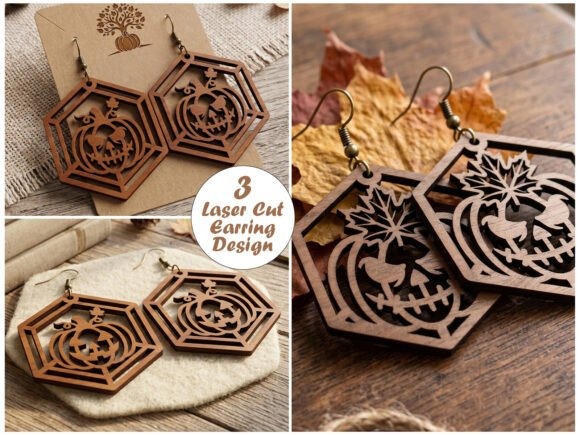 25 Laser Cut Halloween Jewelry Ideas 24 Laser cut halloween jewelry featuring three hexagon pumpkin earring designs with jack-o'-lantern faces and a maple leaf
