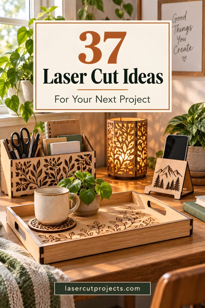 37 Laser Cut Ideas for Creative Maker Projects 1 Laser cut wooden organizer, lamp, phone stand, and tray with decorative leaf and tree patterns on a wooden table