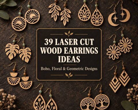 laser cut wood earrings in boho, floral, and geometric designs arranged around a sign with text 39 laser cut wood earrings