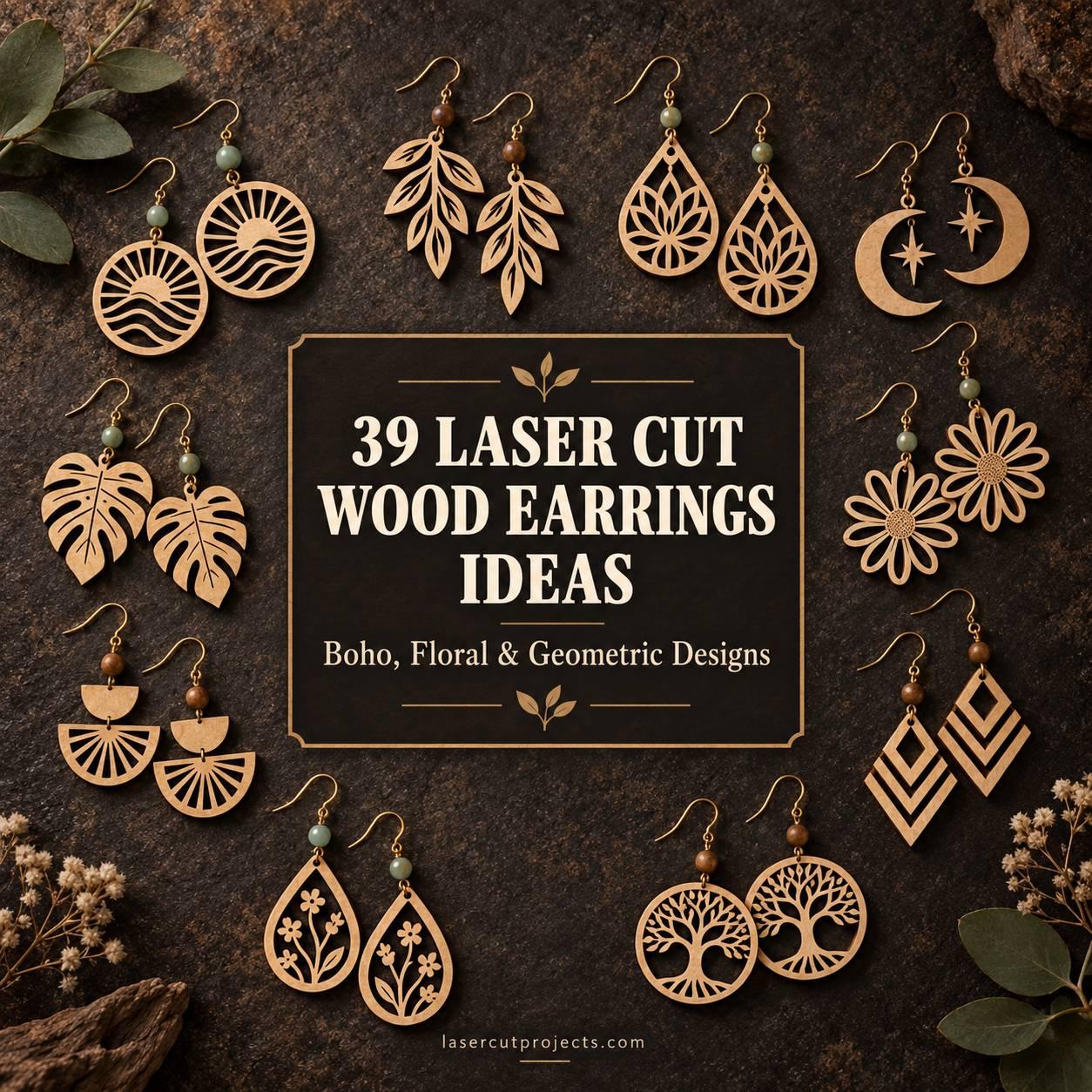 laser cut wood earrings in boho, floral, and geometric designs arranged around a sign with text 39 laser cut wood earrings