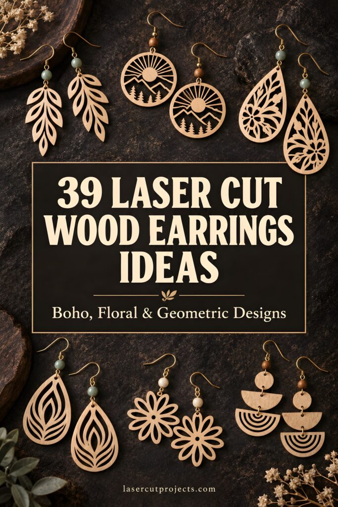 Laser cut wood earrings in boho, floral, and geometric designs including leaves, sun and trees, teardrops, flowers, and