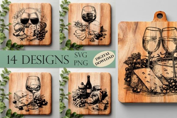 Laser engraving ideas showing 14 kitchen-themed wine and cheese line-art designs on wooden cutting boards