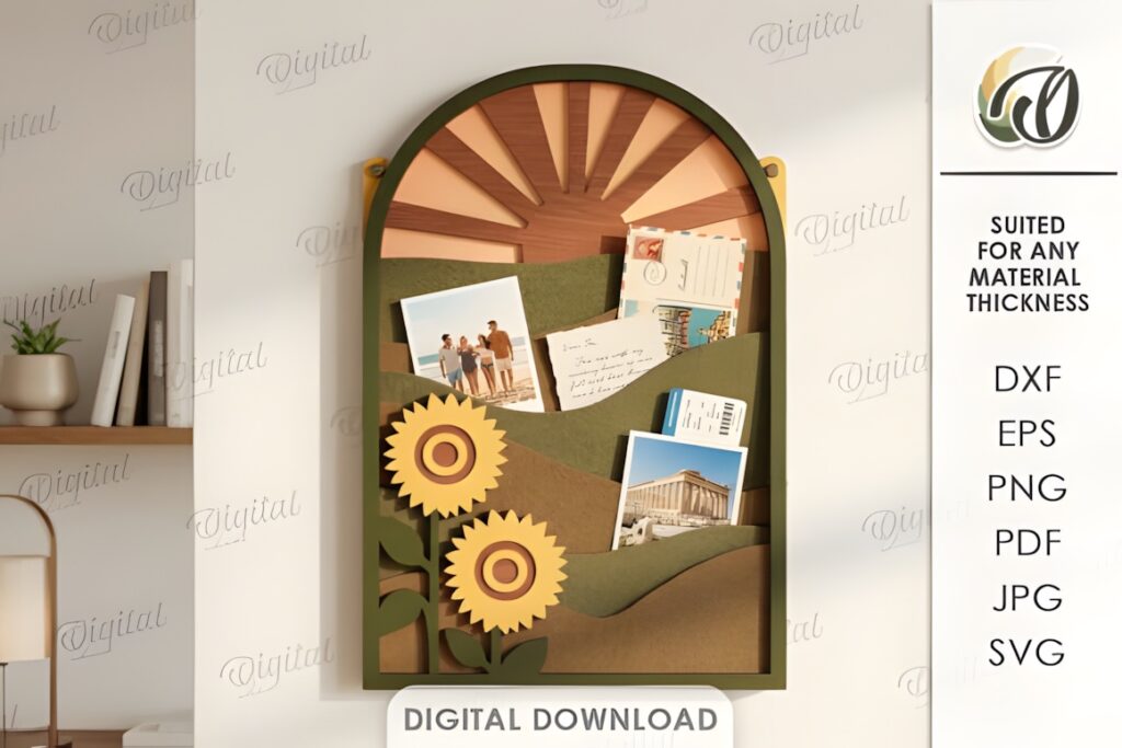 21 Laser Cut Organizer SVG Files for Home Storage Projects 5 laser cut organizer with sunflower design and pockets holding photos and notes on a wall