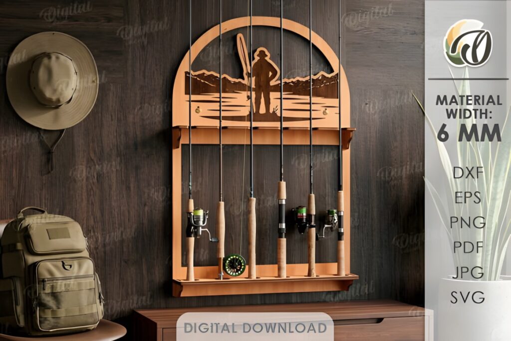 21 Laser Cut Organizer SVG Files for Home Storage Projects 6 Laser cut organizer for fishing rods and lures made from 6 mm material with multiple rod slots and a scenic cutout