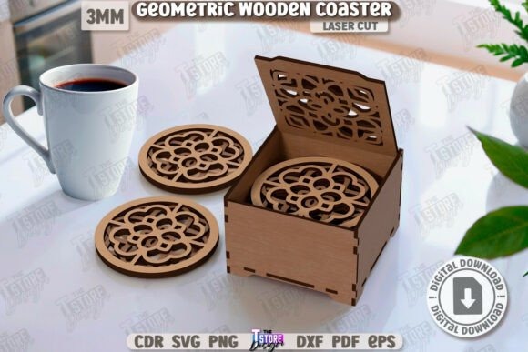 Geometric wooden coasters with laser engraving ideas and a matching storage box on a table with a coffee cup