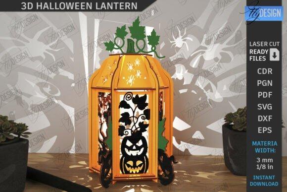 3D Halloween Lantern Laser Cut — laser cut Halloween decorations 3D Halloween lantern laser cut decoration with pumpkin and leaf silhouettes casting shadows — laser cut Halloween decorations