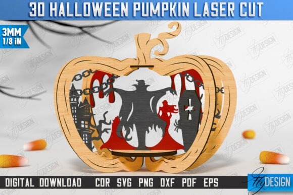Halloween Laser Cut Pumpkin Design — Halloween laser cut ideas 3D Halloween pumpkin laser cut design with witch, haunted house, and graveyard in layered wood — Halloween laser cut ideas