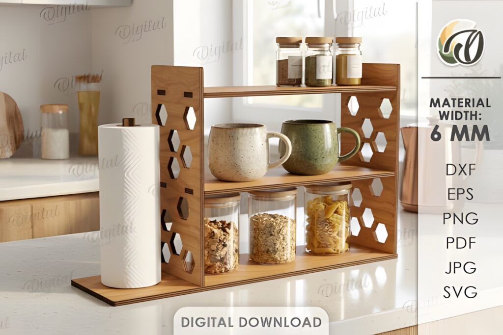 21 Laser Cut Organizer SVG Files for Home Storage Projects 39 Laser cut organizer wooden kitchen storage rack with hexagonal side patterns and compartments for jars and paper towels