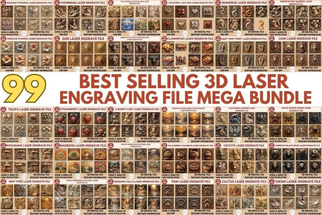 10 Laser Engraving Projects for Wood, Metal and Acrylic 2 Collage of 99 best selling 3D laser engraving file mega bundle designs for wood — laser engraving projects for wood metal