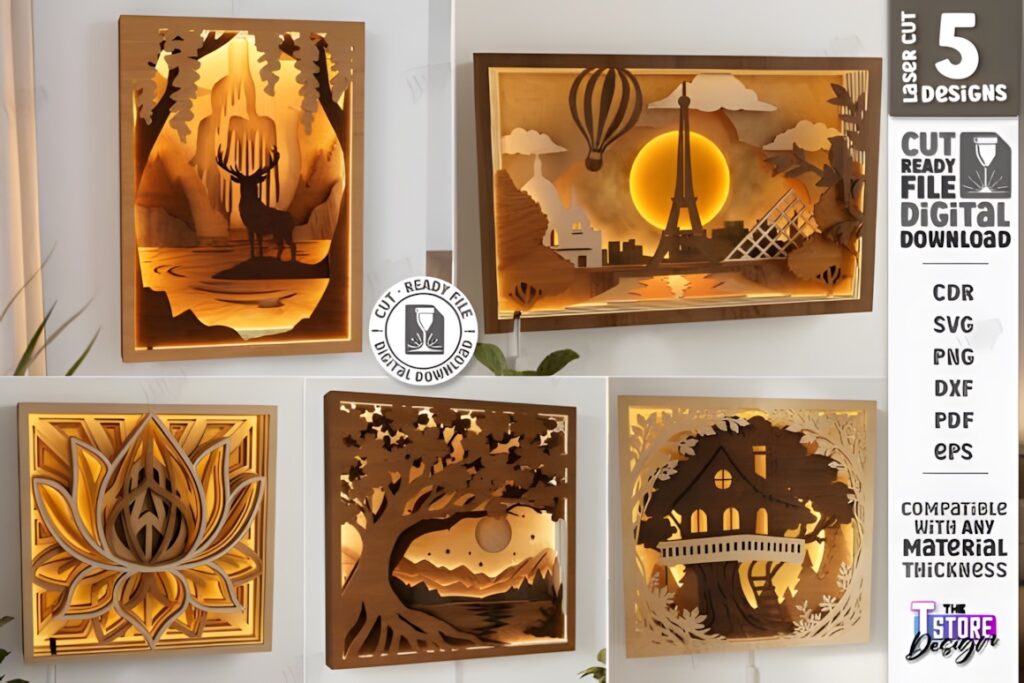29 Laser Cut SVG Files for Wood, MDF and Acrylic Projects 25 Laser cut SVG files for wood projects showing five layered light box designs including deer, Eiffel Tower, lotus, moonlit