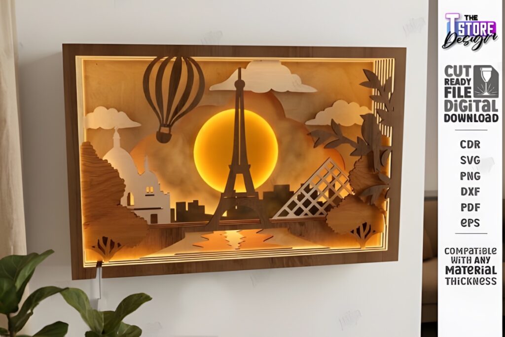 29 Laser Cut SVG Files for Wood, MDF and Acrylic Projects 26 3D layered light box featuring Eiffel Tower and hot air balloon, laser cut SVG files for wood projects