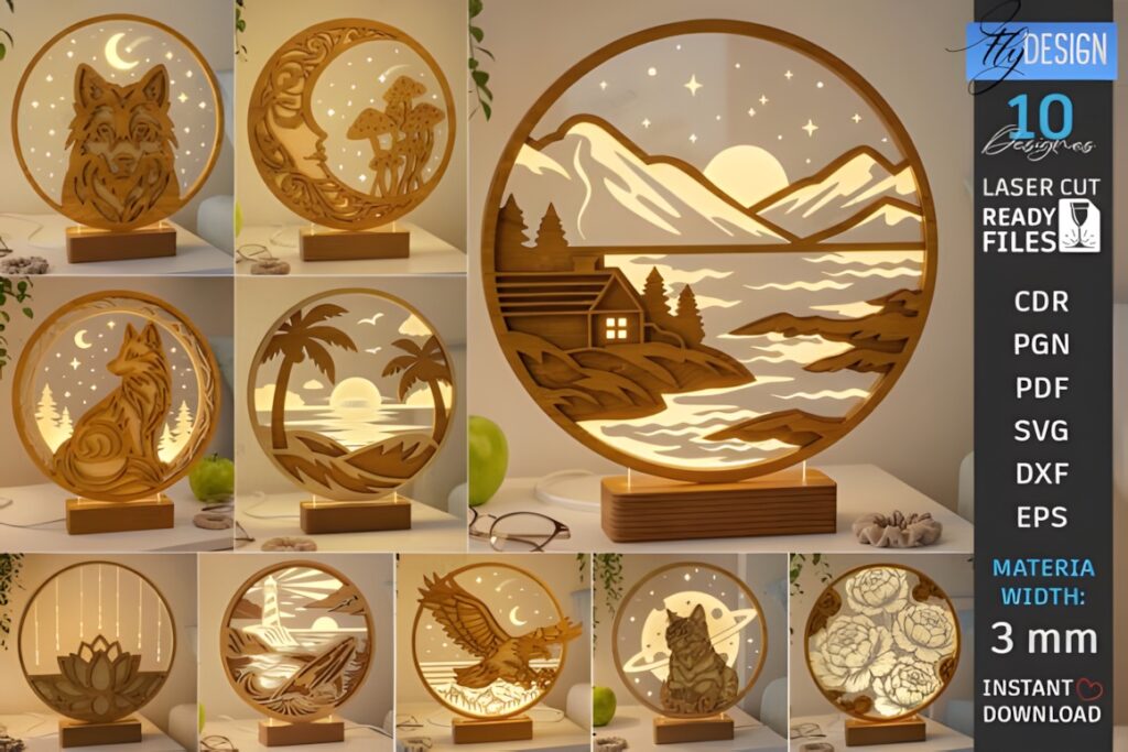 29 Laser Cut SVG Files for Wood, MDF and Acrylic Projects 10 Laser cut SVG files for wood projects featuring 3D layered round lamp designs with nature and animal scenes