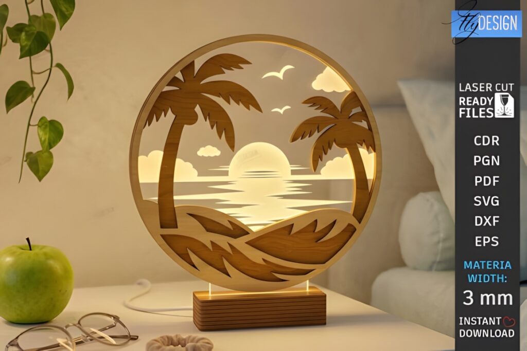 29 Laser Cut SVG Files for Wood, MDF and Acrylic Projects 11 Laser cut SVG files for wood projects showing a 3D layered round lamp with palm trees and sunset scene