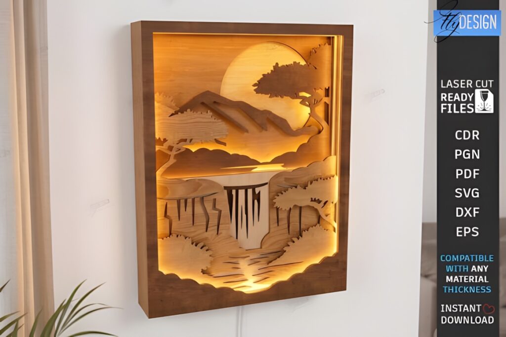 29 Laser Cut SVG Files for Wood, MDF and Acrylic Projects 19 3D layered shadow box laser cut SVG files for wood projects with forest landscape and illuminated background