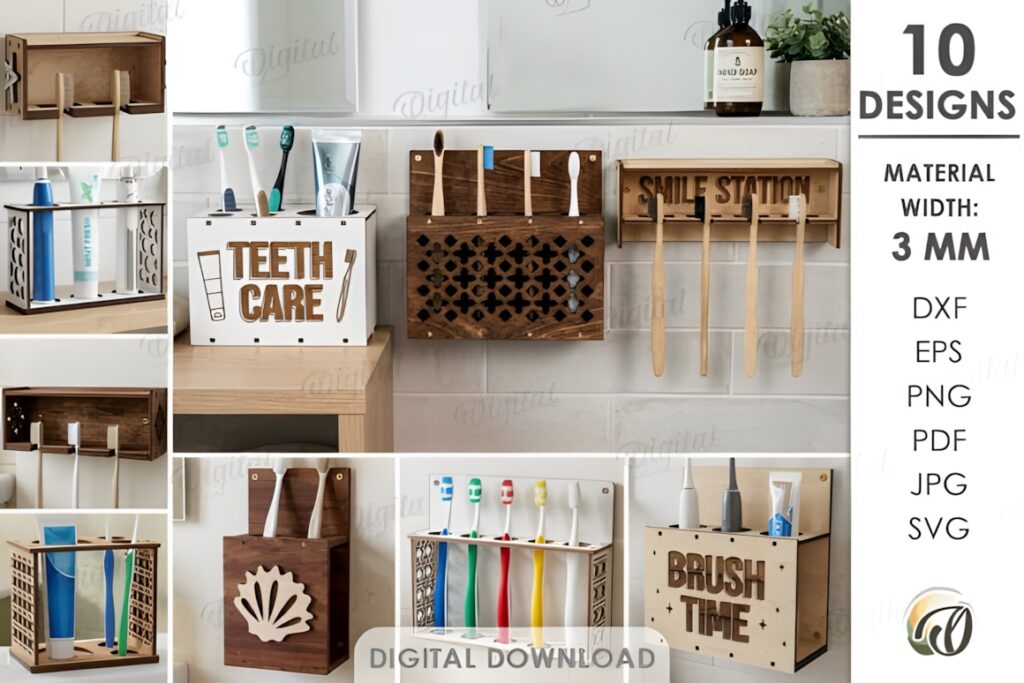 21 Laser Cut Organizer SVG Files for Home Storage Projects 34 Laser cut organizer designs for 3D toothbrush holders made from 3 mm material, displayed on a bathroom wall and countertop