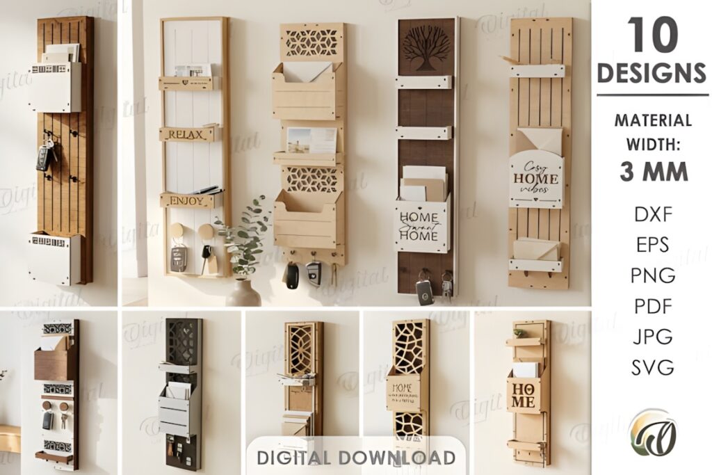 21 Laser Cut Organizer SVG Files for Home Storage Projects 10 Laser cut organizer with 10 wall-mounted designs made from 3 mm material for vertical home storage