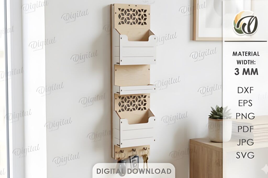 21 Laser Cut Organizer SVG Files for Home Storage Projects 11 laser cut organizer wall-mounted with three compartments and decorative top panel made from 3 mm material