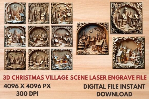 3D Christmas Village laser engraving ideas showing detailed holiday scenes on wood panels
