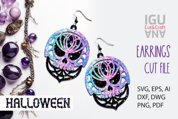 23 Laser Cut Wood Jewelry Ideas 24 Laser cut wood jewelry skull earrings with colorful galaxy pattern for Halloween accessories