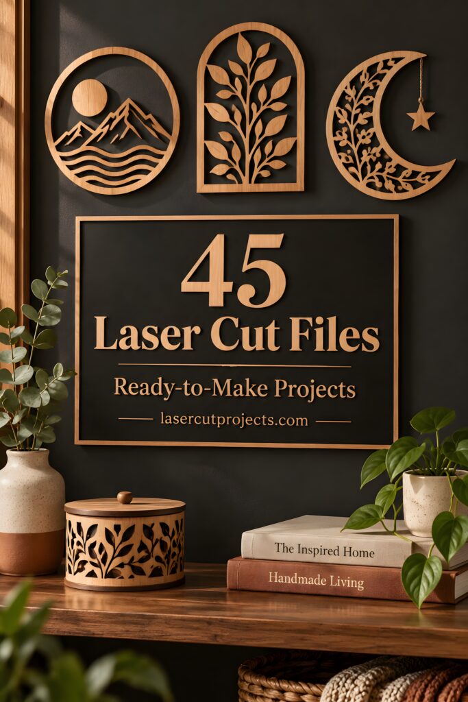 45 Laser Cut Files for Ready-to-Make Laser Projects 1 Decorative wooden laser cut files including mountain, plant, and moon designs with text 45 Laser Cut Files Ready-to-Make
