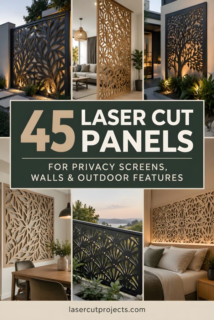 45 Laser Cut Panels for Indoor and Outdoor Features 1 Laser cut panels with intricate botanical and geometric patterns used as privacy screens and decorative outdoor features
