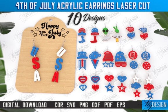 15 Laser Cut Pendant Ideas for Unique Handmade Jewelry 16 4th of July patriotic laser cut pendant designs in red, white, and blue acrylic shapes