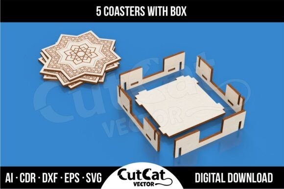 Laser Engraving Ideas for 10 Useful Home Projects 7 Laser engraving ideas for home decor showing five decorative engraved coasters and an assembly box on blue background