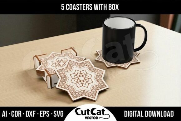 Laser Engraving Ideas for 10 Useful Home Projects 6 Decorative engraved coasters with geometric patterns and a black mug on a wooden — laser engraving ideas for home decor