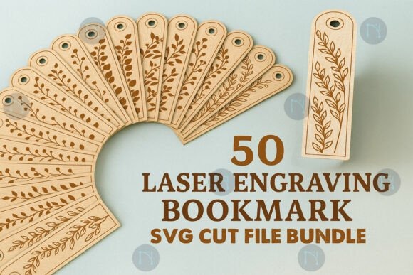 Laser engraving ideas showing 50 botanical bookmark designs with leaf and branch patterns on wooden blanks