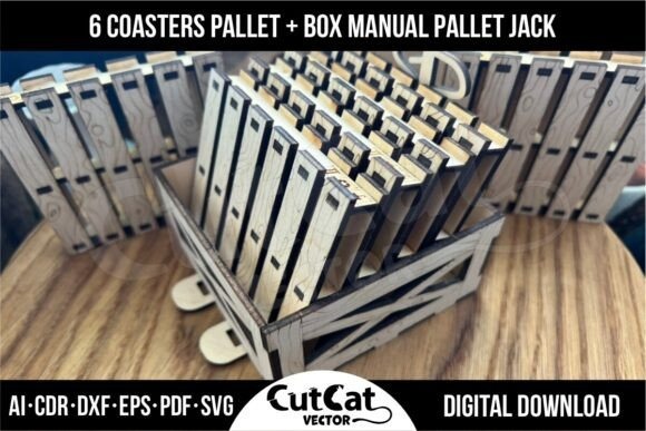 10 Laser Engraving Projects for Wood, Metal and Acrylic 10 Laser engraving projects for wood metal showing 6 plywood coasters in a pallet-style box with manual pallet jack design