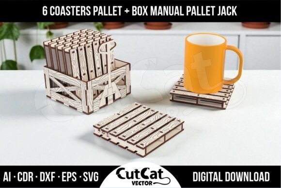 10 Laser Engraving Projects for Wood, Metal and Acrylic 9 Laser engraving projects for wood metal showing 6 wooden coasters in a pallet box with a small manual pallet jack and an