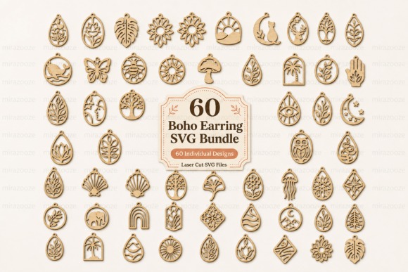 Laser cut wood earrings featuring 60 boho earring SVG bundle designs with nature-inspired motifs