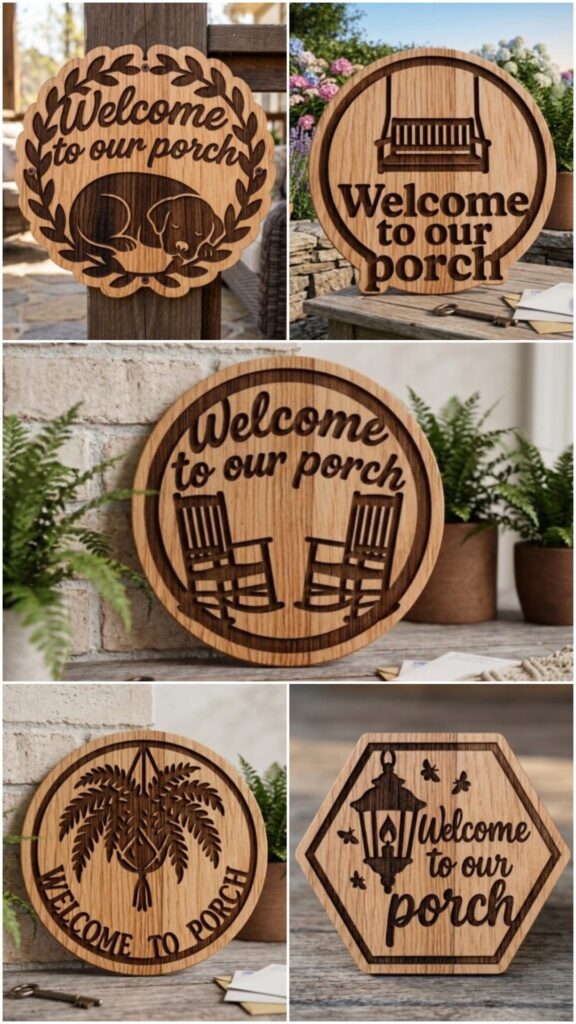 Laser Engraving Projects for Gifts, Signs and Home Decor 6 Laser engraving projects for gifts and home featuring five rustic porch welcome signs with engraved illustrations and cut