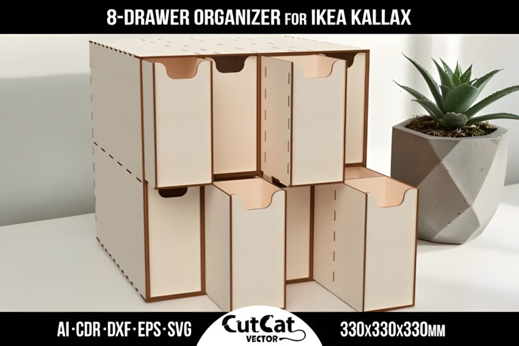 21 Laser Cut Organizer SVG Files for Home Storage Projects 29 Laser cut organizer with eight drawers designed for IKEA KALLAX cube storage