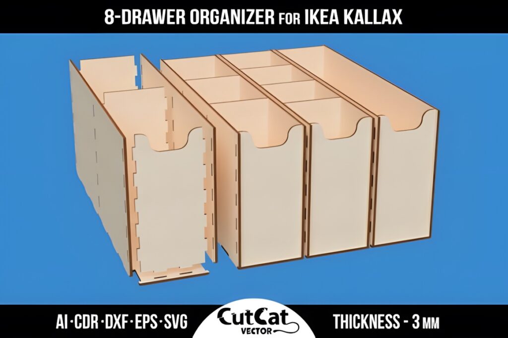 21 Laser Cut Organizer SVG Files for Home Storage Projects 28 Laser cut organizer showing an 8-drawer storage unit for IKEA KALLAX with 3mm thickness
