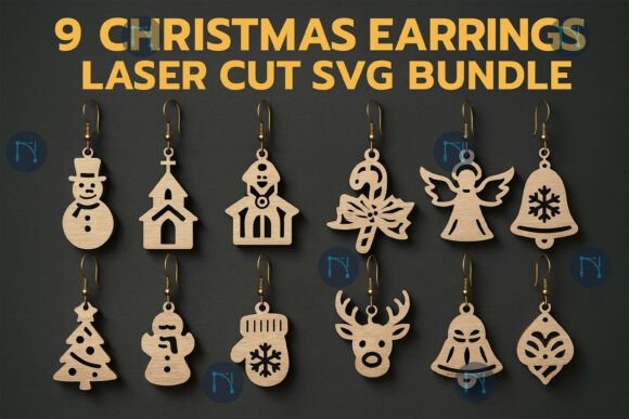 17 Laser Cut Christmas Jewelry Ideas 12 Laser cut Christmas jewelry featuring nine wooden earring designs including snowman, church, bell, angel, reindeer, and
