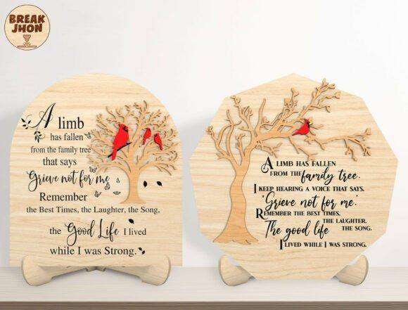 31 Laser Engraving Ideas for Practical DIY Builds 8 Laser engraving ideas showing a memorial plaque with family tree, cardinal birds, and remembrance text on wood
